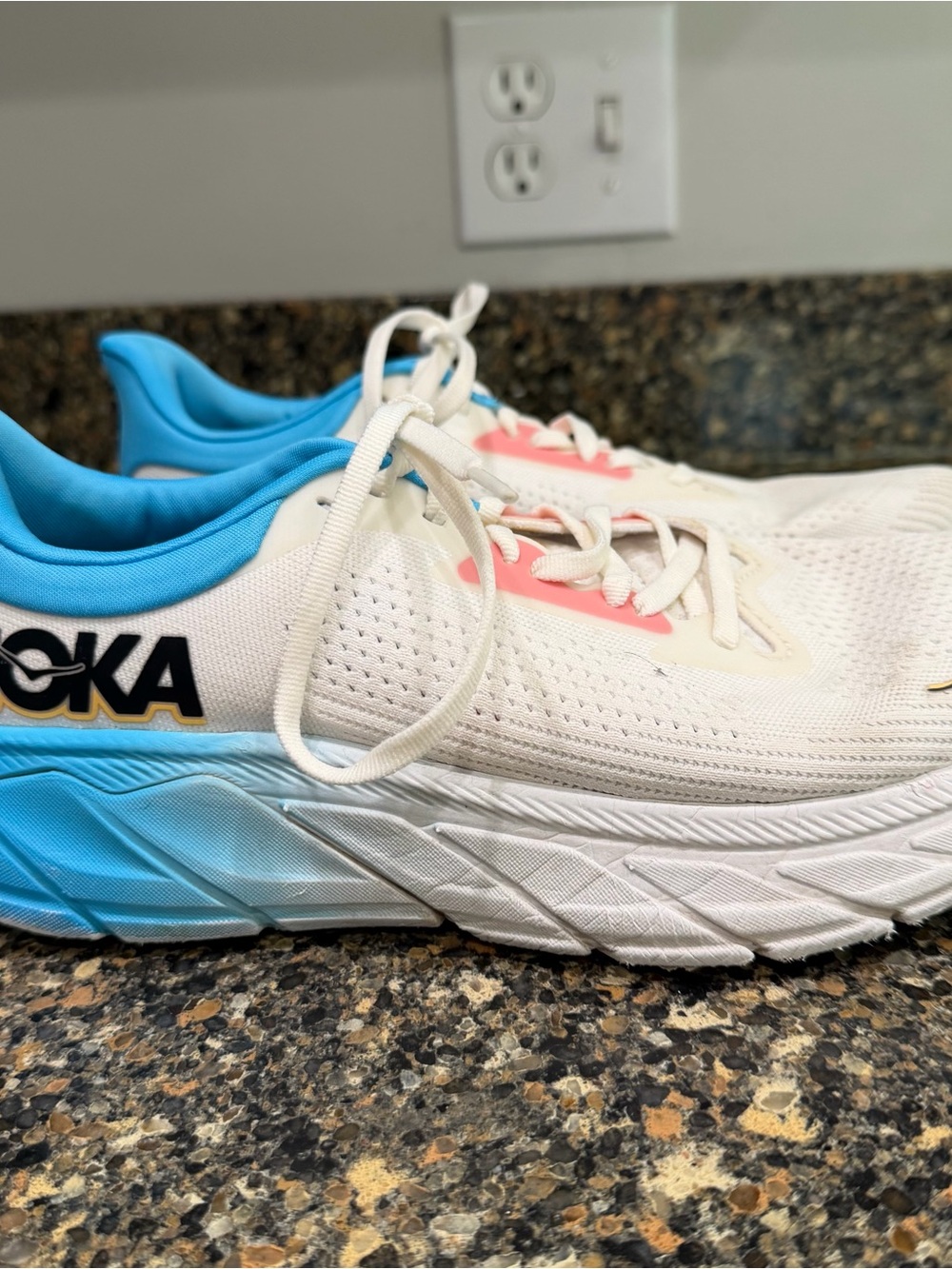 HOKA White Running Shoes with Blue & Pink Accents ladies 8.5